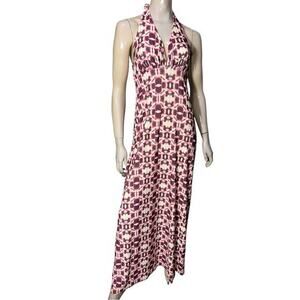 Talk to Angels Women’s Size M Red Maroon White Geo Print Long Maxi Halter Dress